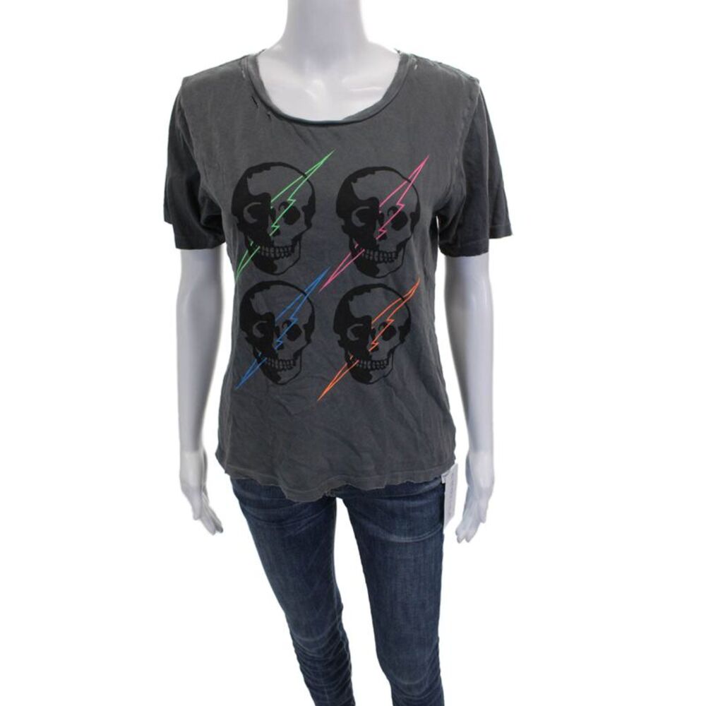Chrldr Women Basic Gray Cotton Skulls Graphic T Shirt Short Sleeve Size S
